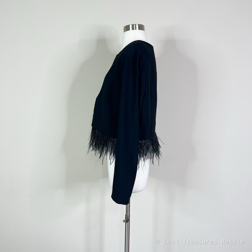 White House Black Market | Black Feather Hem Open Front Cropped Jacket Blazer L - Picture 6 of 8